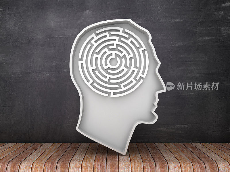 人类头部形状与迷宫在黑板上的背景- 3D渲染